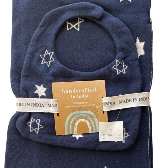 Hanukkah Star of David Navy & Ivory Knit Reversible Baby Blanket and Bib Set NWT - Picture 3 of 7